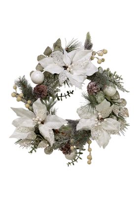 20-Inch White Poinsettia Wreath with Pinecones