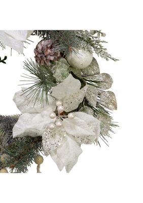 20-Inch White Poinsettia Wreath with Pinecones