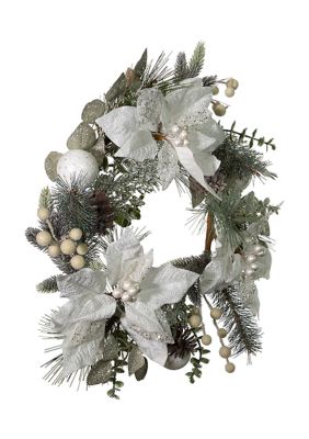 20-Inch White Poinsettia Wreath with Pinecones