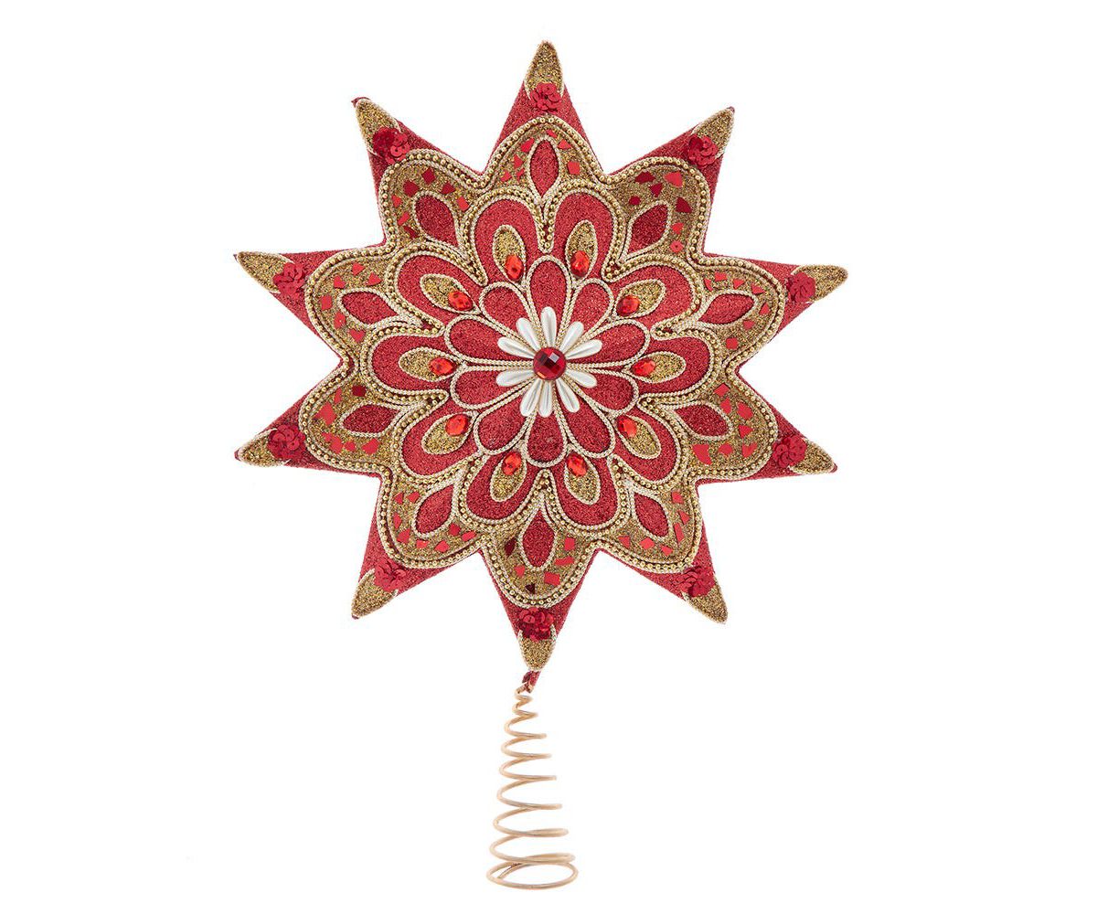 16-Inch Un-lit Ruby Red and Gold Star Tree Topper adorned with Pearl Accents
