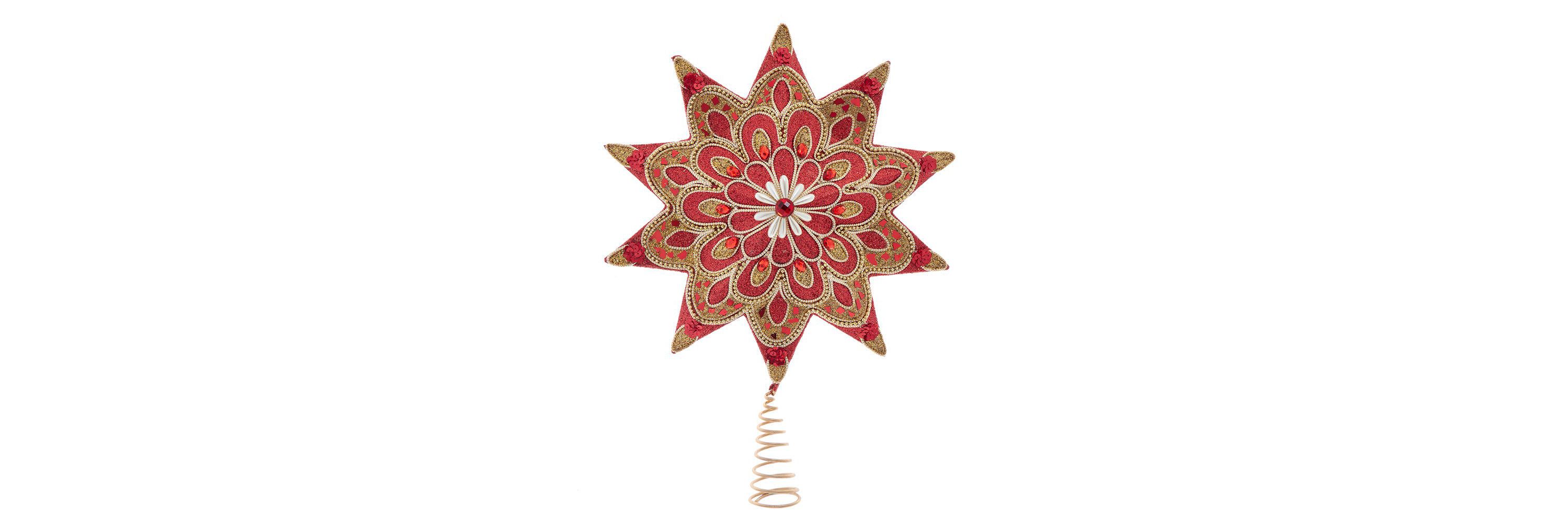 16-Inch Un-lit Ruby Red and Gold Star Tree Topper adorned with Pearl Accents