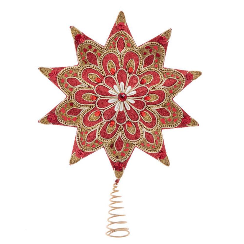 16-Inch Un-lit Ruby Red and Gold Star Tree Topper adorned with Pearl Accents