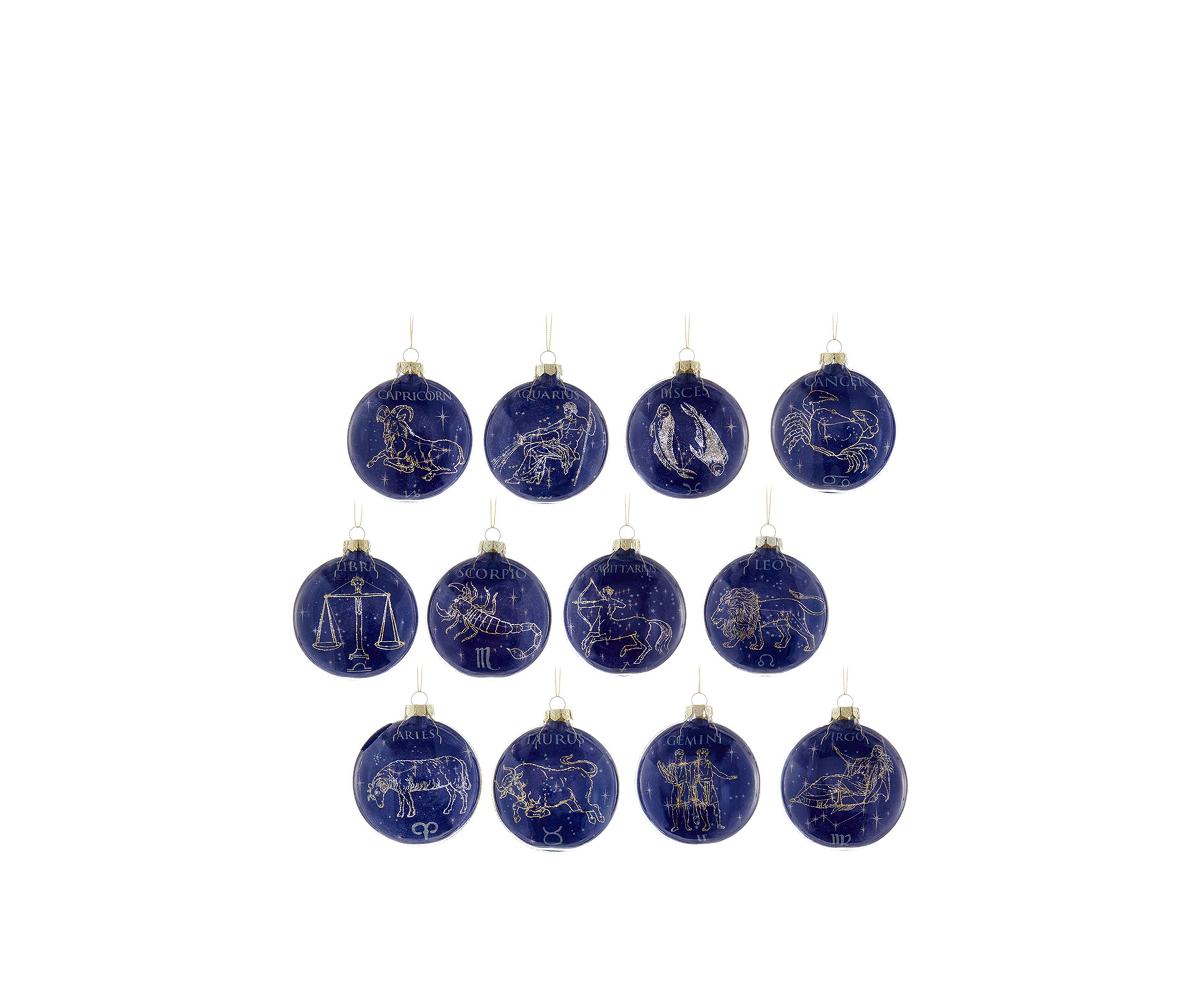 Set of 12 80 Millimeter Glass Zodiac Ornaments