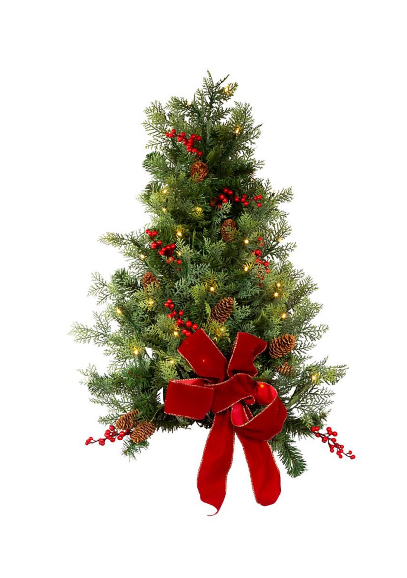 26-Inch Battery-Operated Pre-Lit Wall Tree With Red Bow