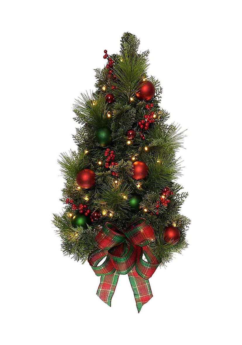 26-Inch Battery-Operated Pre-Lit Red And Green Wall Tree With Bow