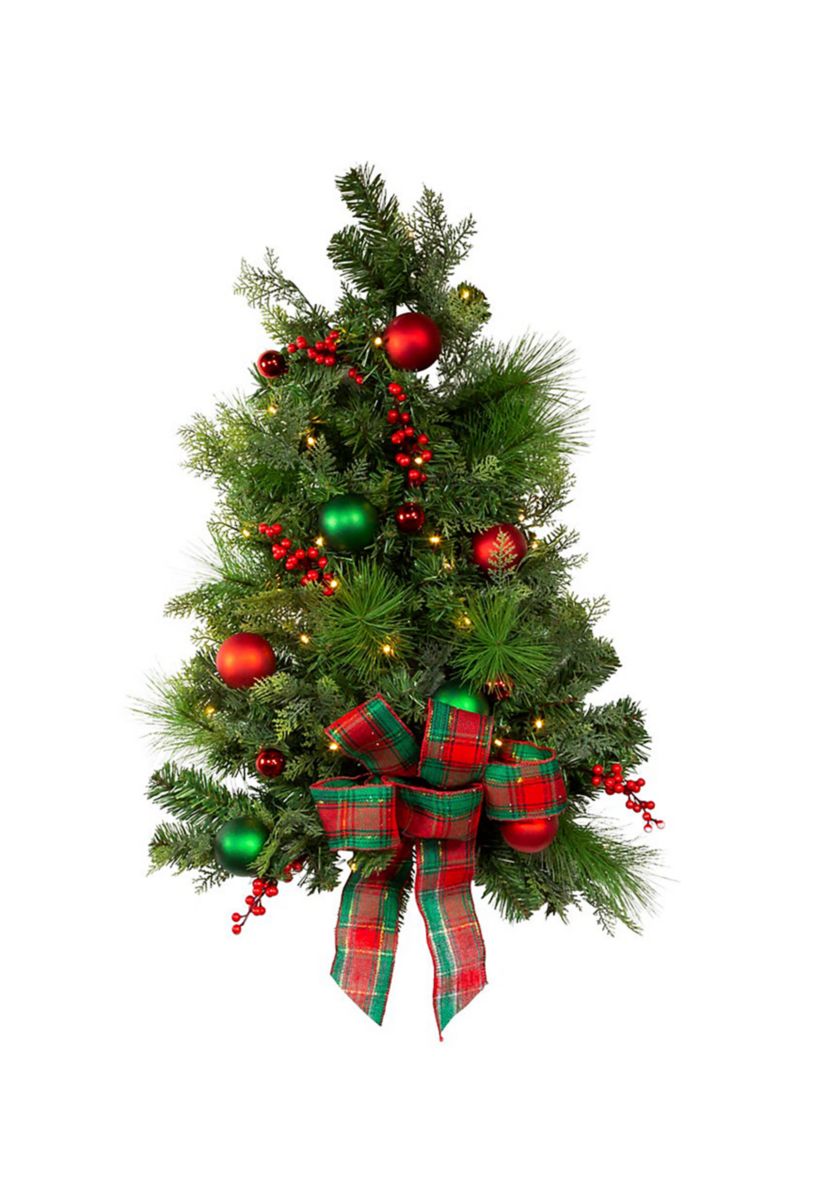 26-Inch Battery-Operated Pre-Lit Red And Green Wall Tree With Bow