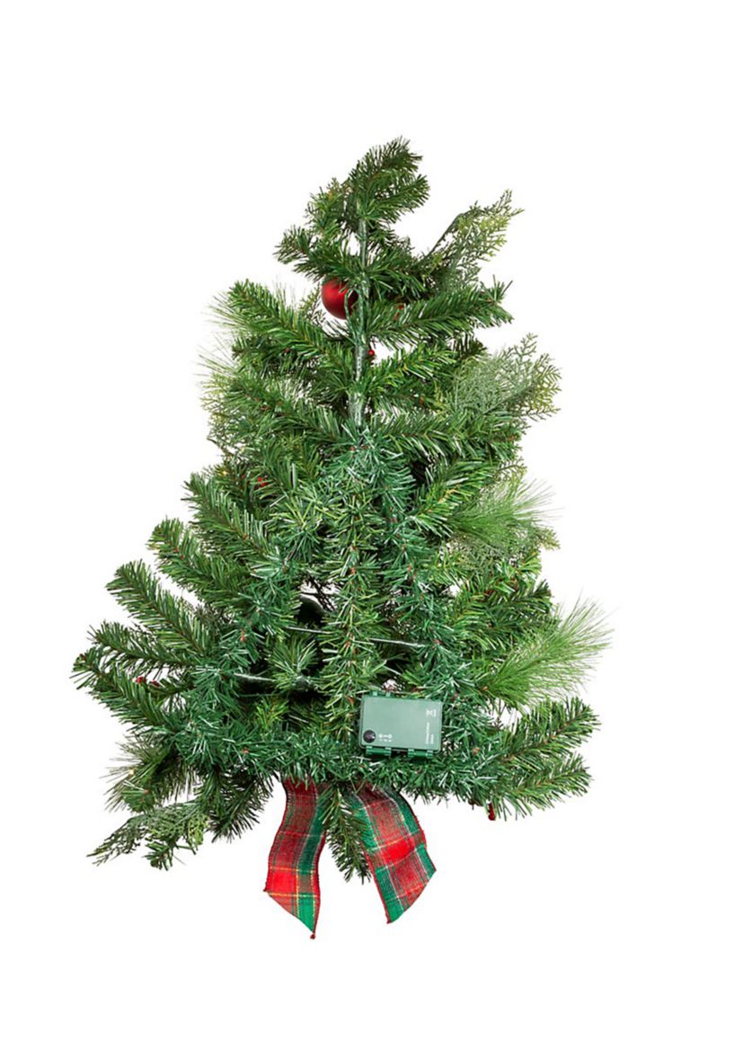 26-Inch Battery-Operated Pre-Lit Red And Green Wall Tree With Bow