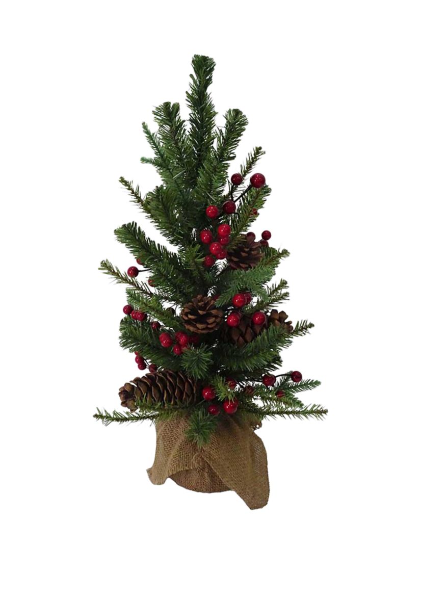 18 Inch PVC Tree With Red Berry, Pinecone, and Burlap