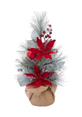  Flocked Tree with Berries and Poinsettia in Burlap Base 