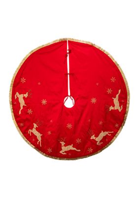54-Inch Red and Tan Patchwork Reindeer Running Tree Skirt