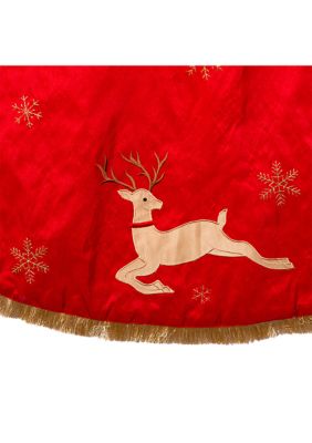 54-Inch Red and Tan Patchwork Reindeer Running Tree Skirt