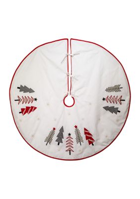 50-Inch Ivory, Green and Red Tree Embroidered Tree Skirt