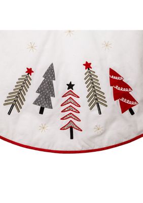 50-Inch Ivory, Green and Red Tree Embroidered Tree Skirt