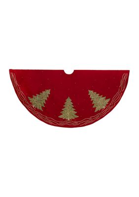 60-Inch Red Tree Skirt with Green Embroidered Tree Design