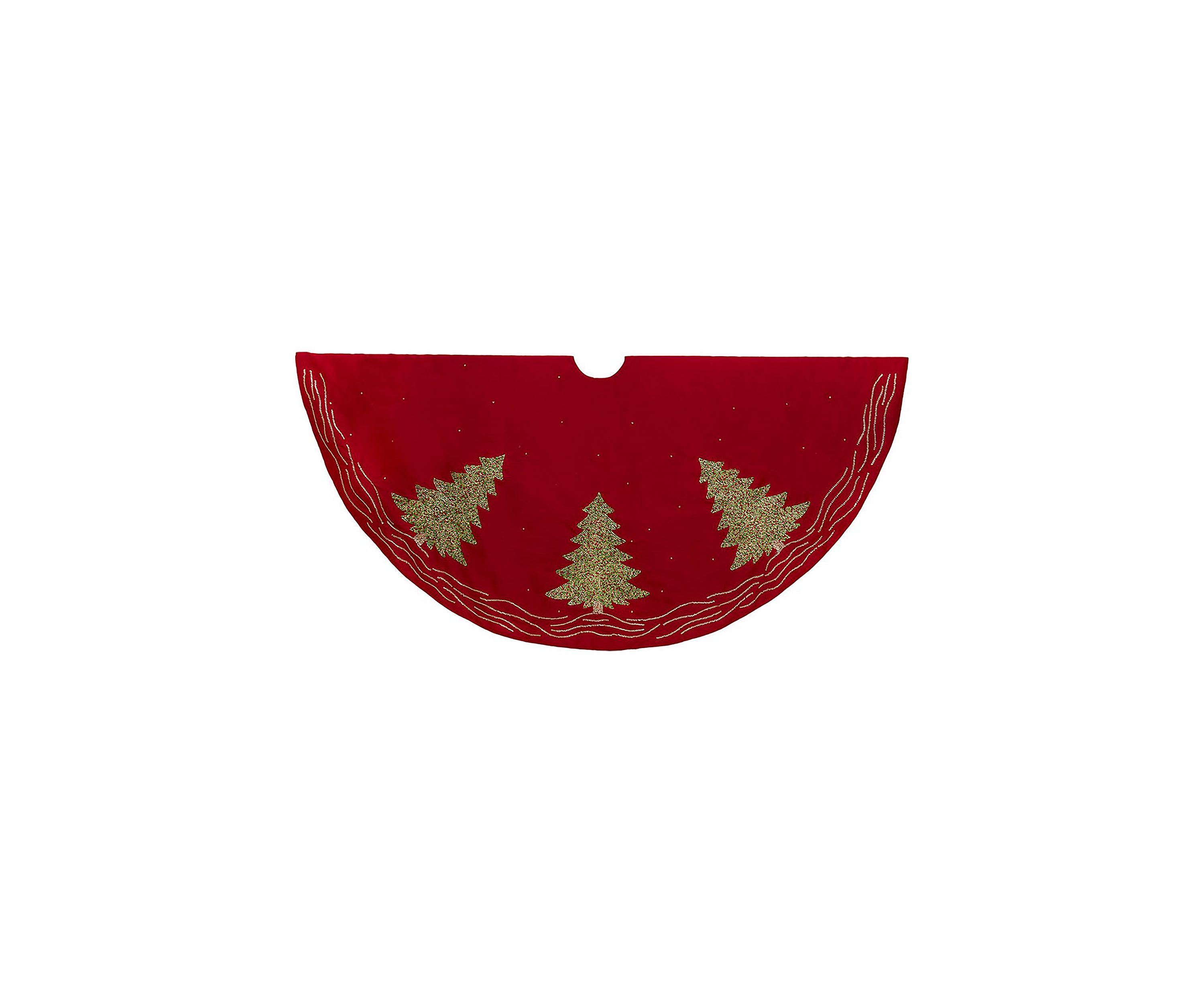 60-Inch Red Tree Skirt with Green Embroidered Tree Design