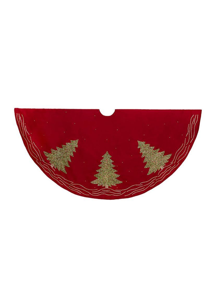 60-Inch Red Tree Skirt with Green Embroidered Tree Design