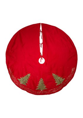 60-Inch Red Tree Skirt with Green Embroidered Tree Design