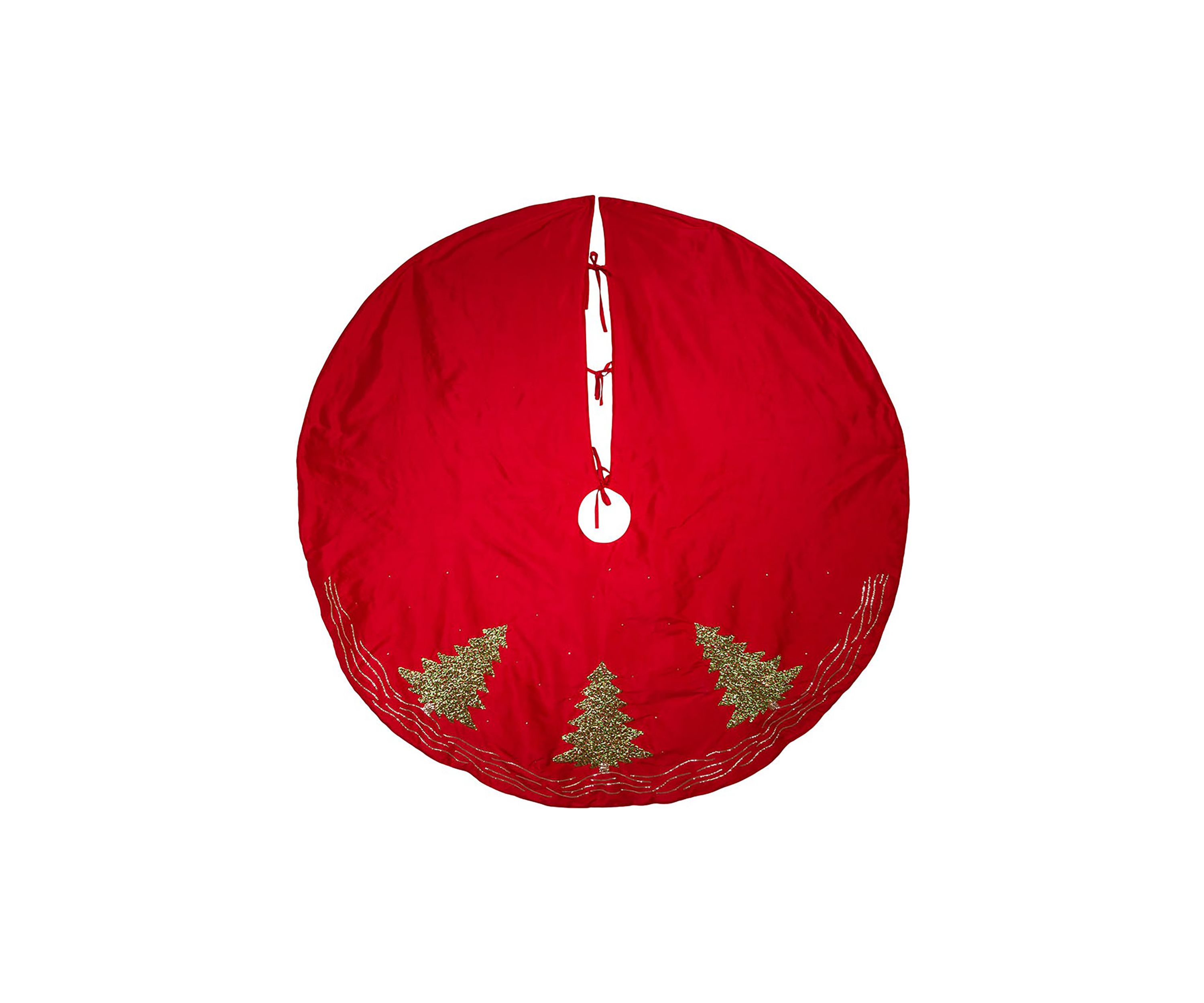 60-Inch Red Tree Skirt with Green Embroidered Tree Design