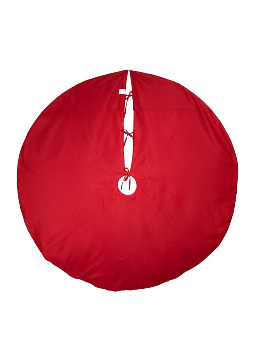 60-Inch Red Tree Skirt with Green Embroidered Tree Design
