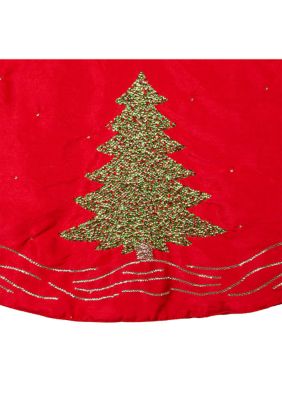 60-Inch Red Tree Skirt with Green Embroidered Tree Design