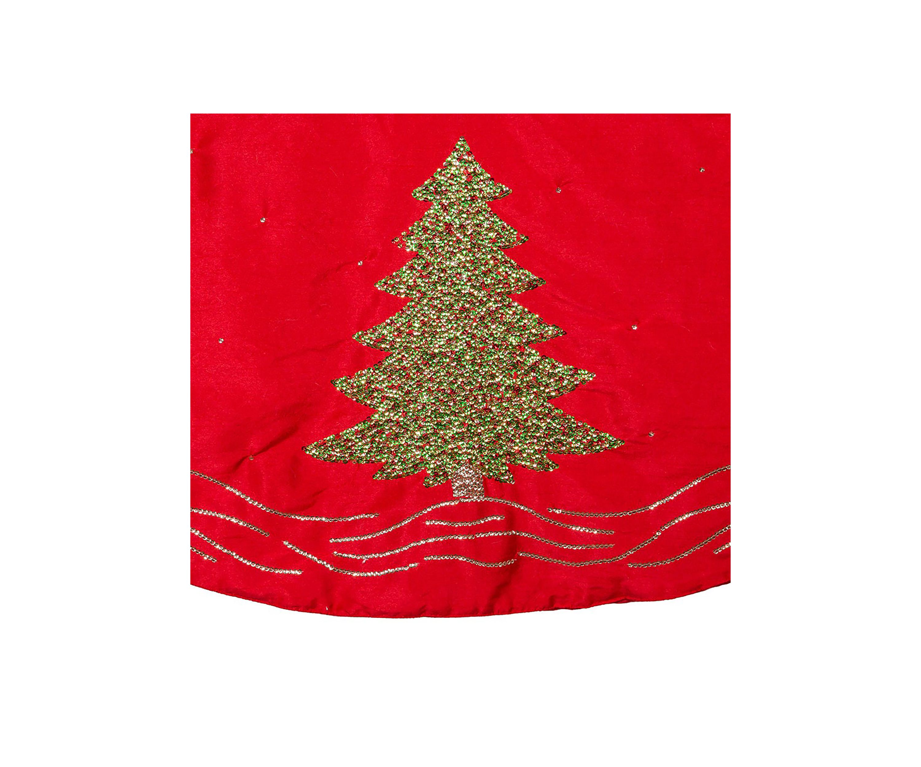 60-Inch Red Tree Skirt with Green Embroidered Tree Design