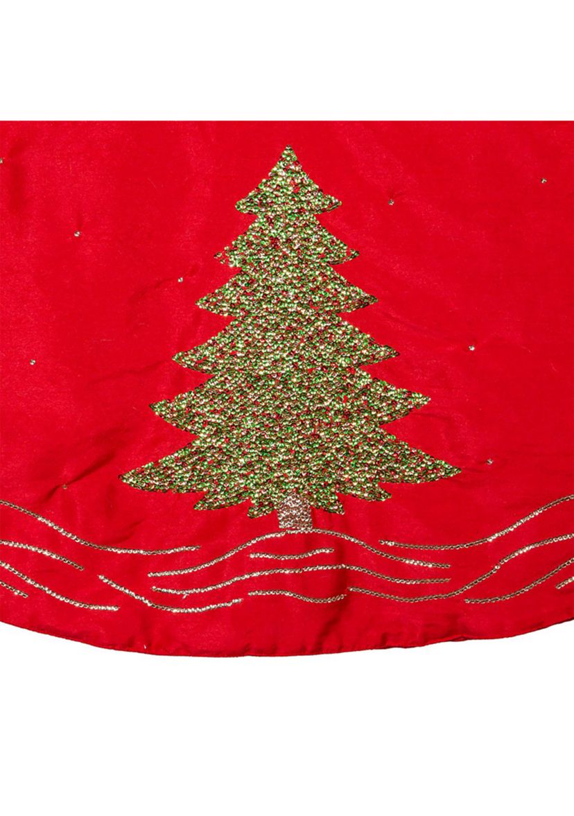 60-Inch Red Tree Skirt with Green Embroidered Tree Design