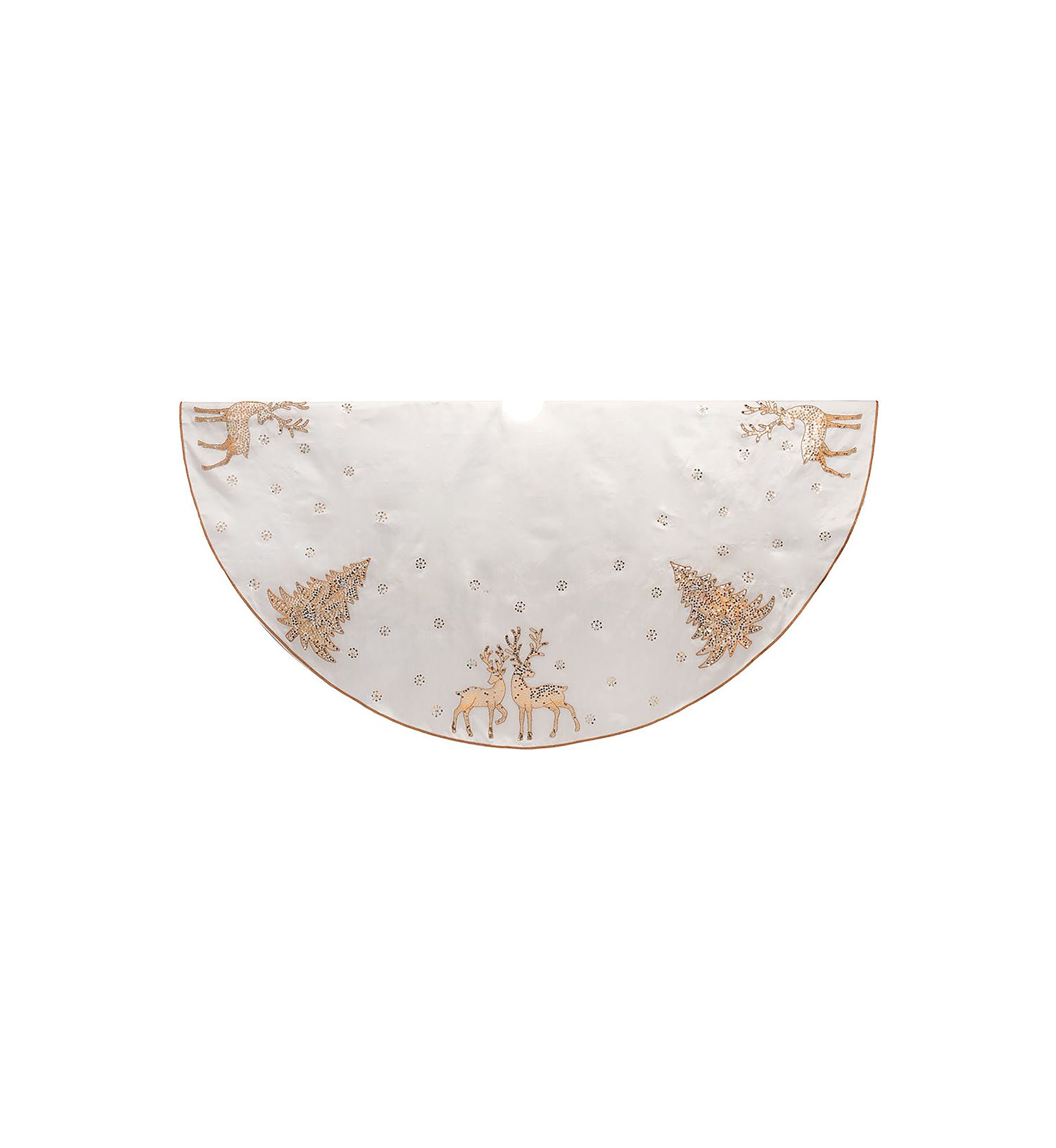 72-Inch White Tree Skirt with Gold Glitter Tree and Reindeer Design