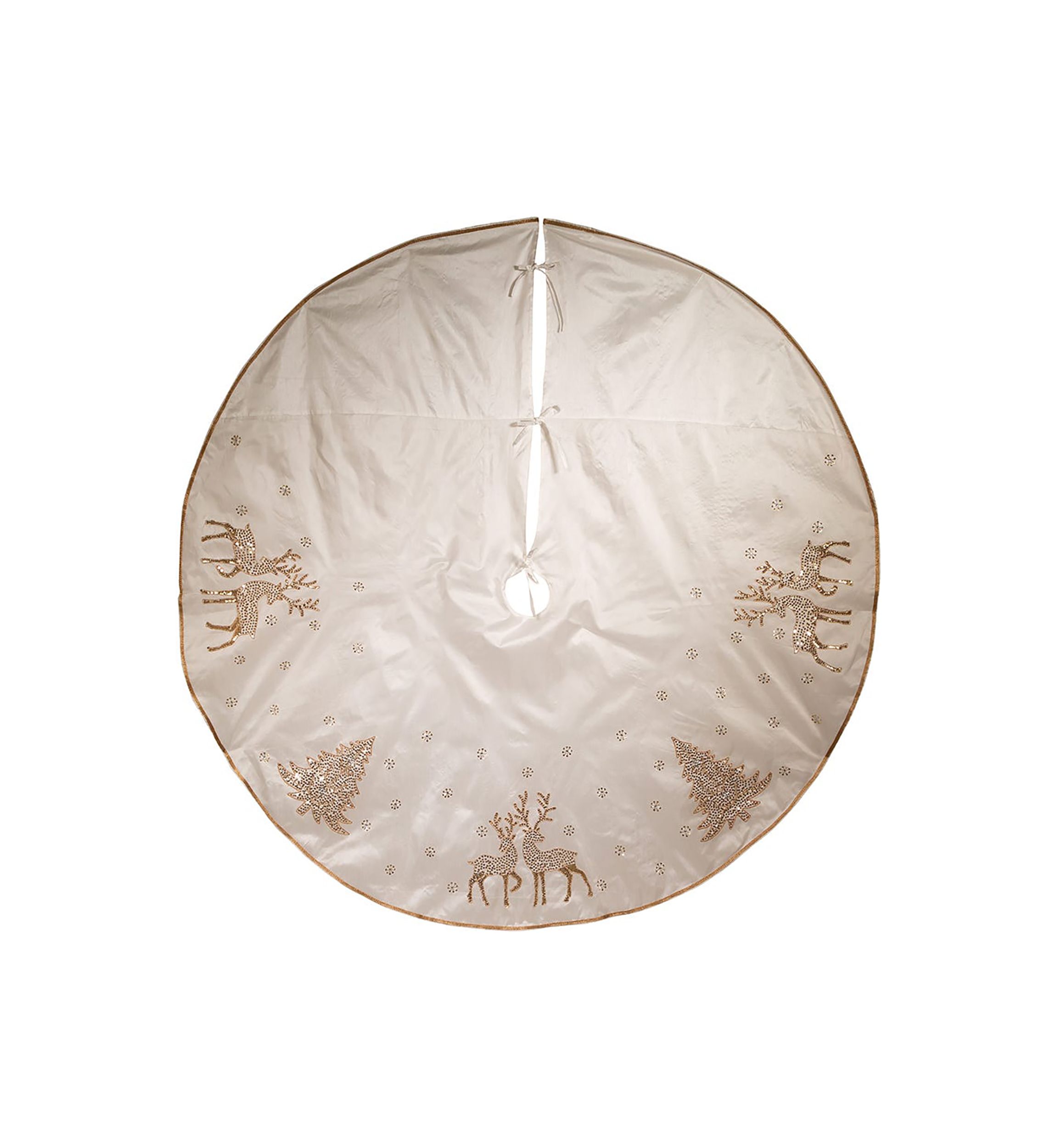 72-Inch White Tree Skirt with Gold Glitter Tree and Reindeer Design