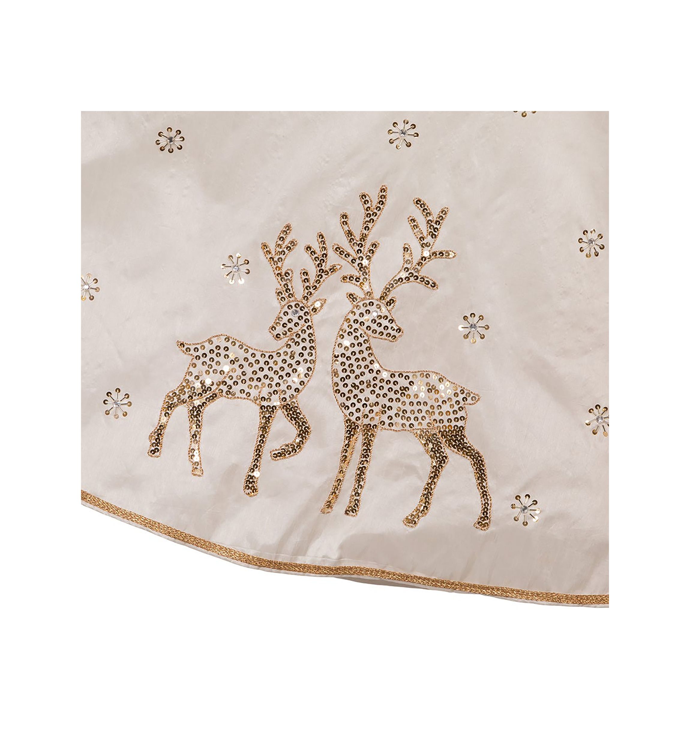 72-Inch White Tree Skirt with Gold Glitter Tree and Reindeer Design