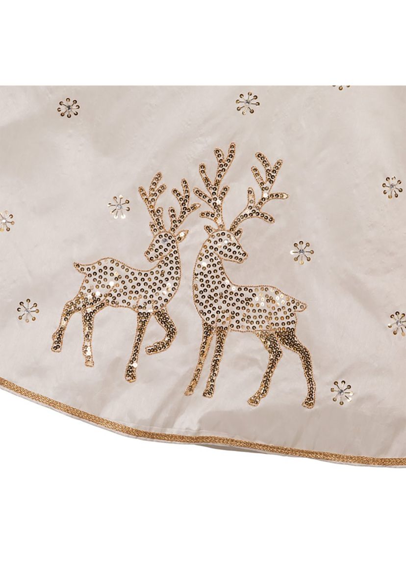 72-Inch White Tree Skirt with Gold Glitter Tree and Reindeer Design