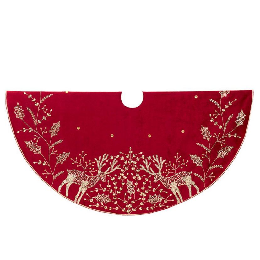 50-Inch Reindeer Hand Embroidered Tree Skirt
