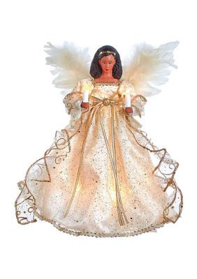 12-Inch UL 10-Light Ivory & Gold African American Angel Treetop
