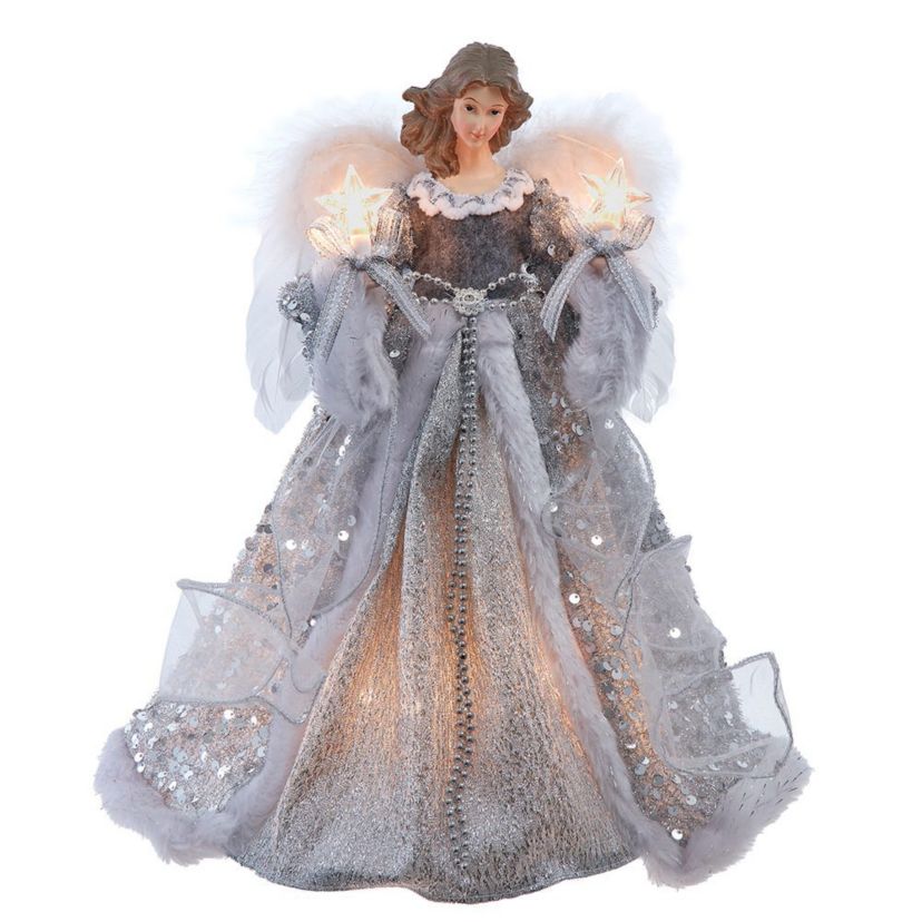 14-Inch UL 10-Light Silver and Ivory Angel Tree Topper
