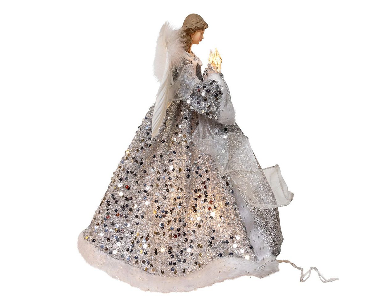 14-Inch UL 10-Light Silver and Ivory Angel Tree Topper