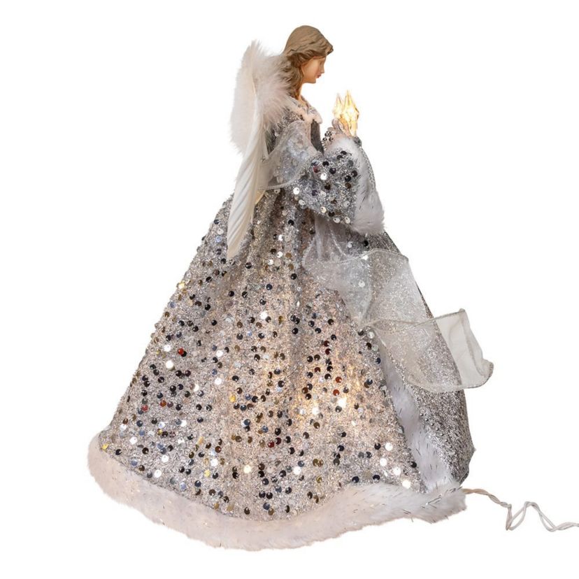 14-Inch UL 10-Light Silver and Ivory Angel Tree Topper