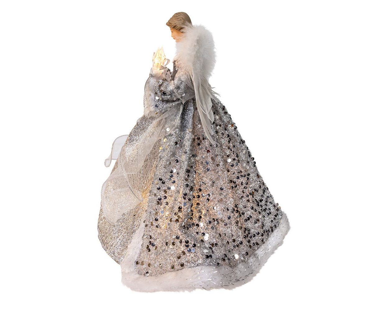 14-Inch UL 10-Light Silver and Ivory Angel Tree Topper