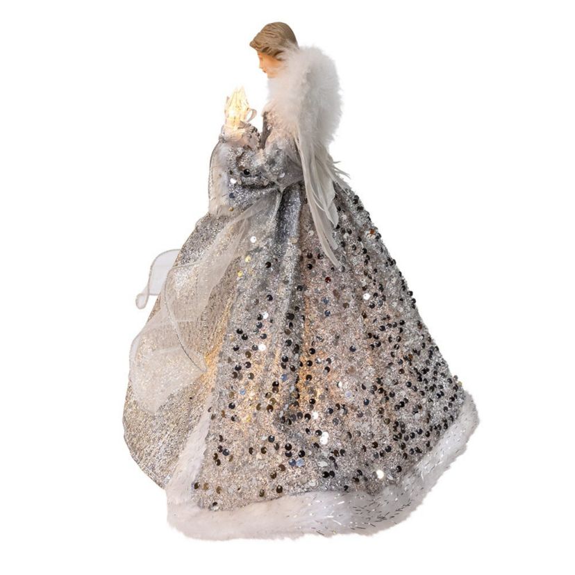 14-Inch UL 10-Light Silver and Ivory Angel Tree Topper