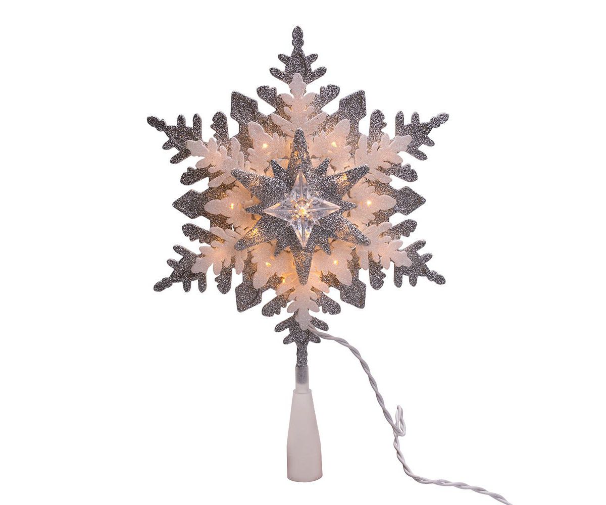 Kurt Adler 13.75-Inch UL 20-Light Silver and White Glittered Snowflake Tree Topper
