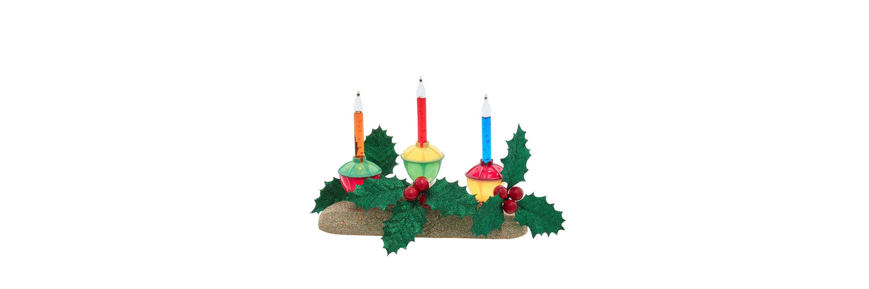 8.85-Inch Holly Berry and Greenery with Gold Base Three Bubble Lights