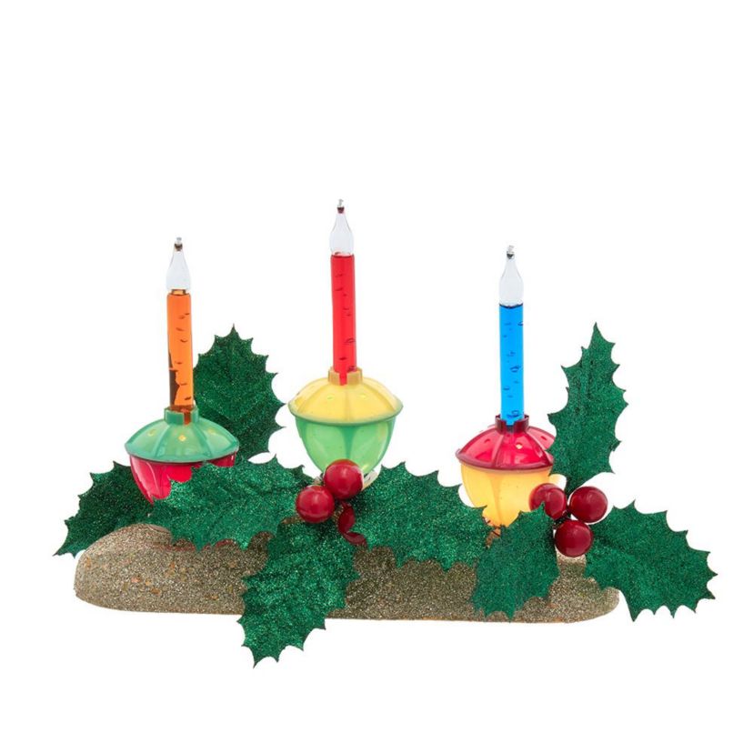 8.85-Inch Holly Berry and Greenery with Gold Base Three Bubble Lights