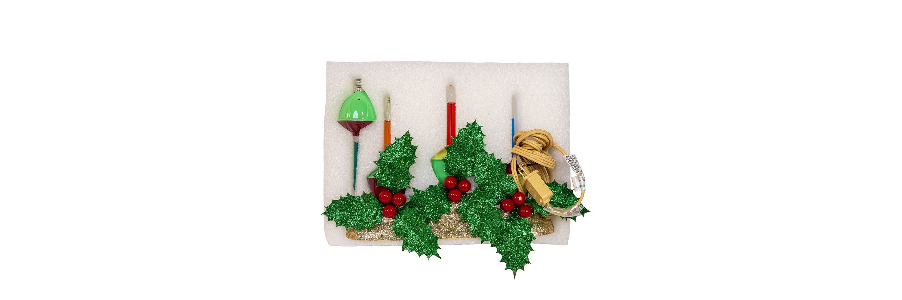 8.85-Inch Holly Berry and Greenery with Gold Base Three Bubble Lights