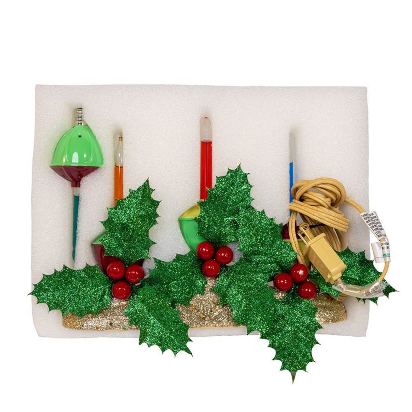 8.85-Inch Holly Berry and Greenery with Gold Base Three Bubble Lights