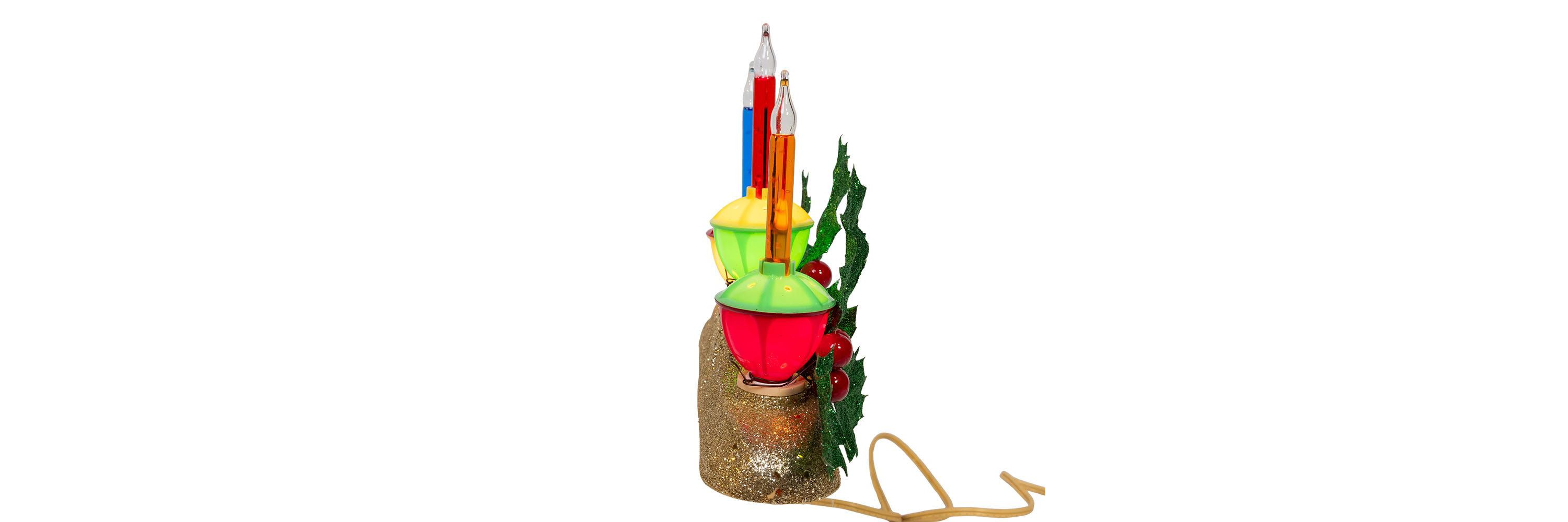 8.85-Inch Holly Berry and Greenery with Gold Base Three Bubble Lights