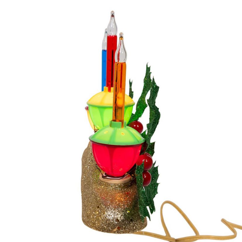 8.85-Inch Holly Berry and Greenery with Gold Base Three Bubble Lights