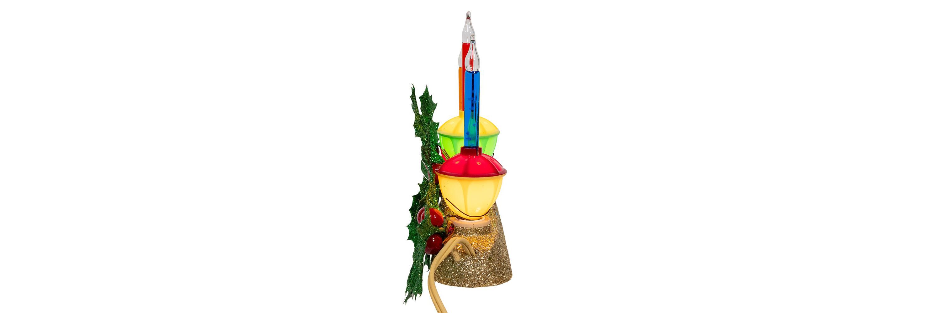 8.85-Inch Holly Berry and Greenery with Gold Base Three Bubble Lights