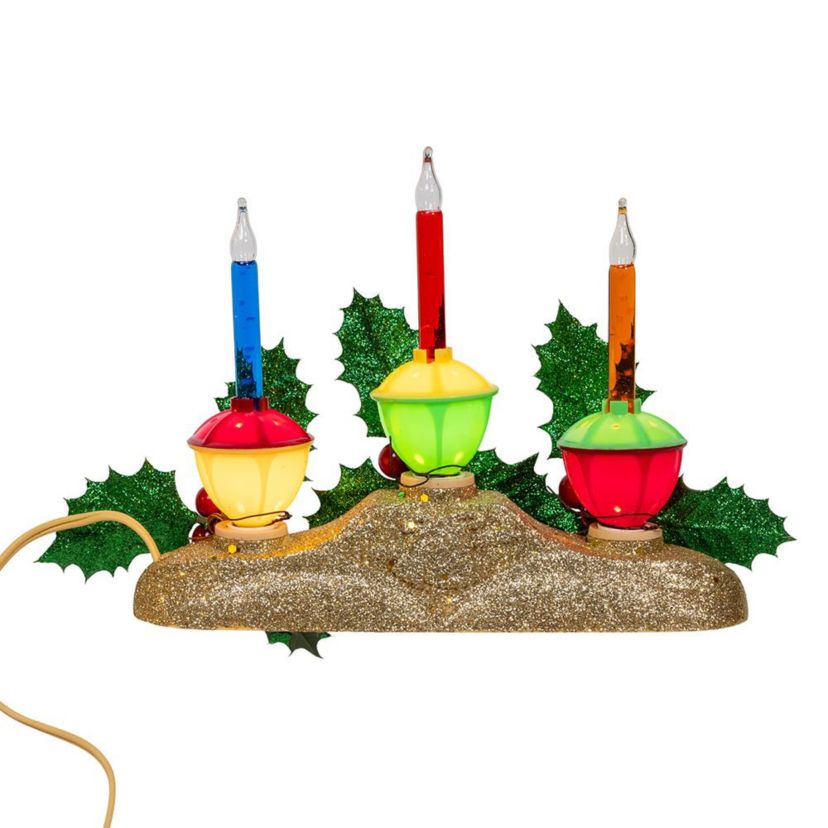 8.85-Inch Holly Berry and Greenery with Gold Base Three Bubble Lights