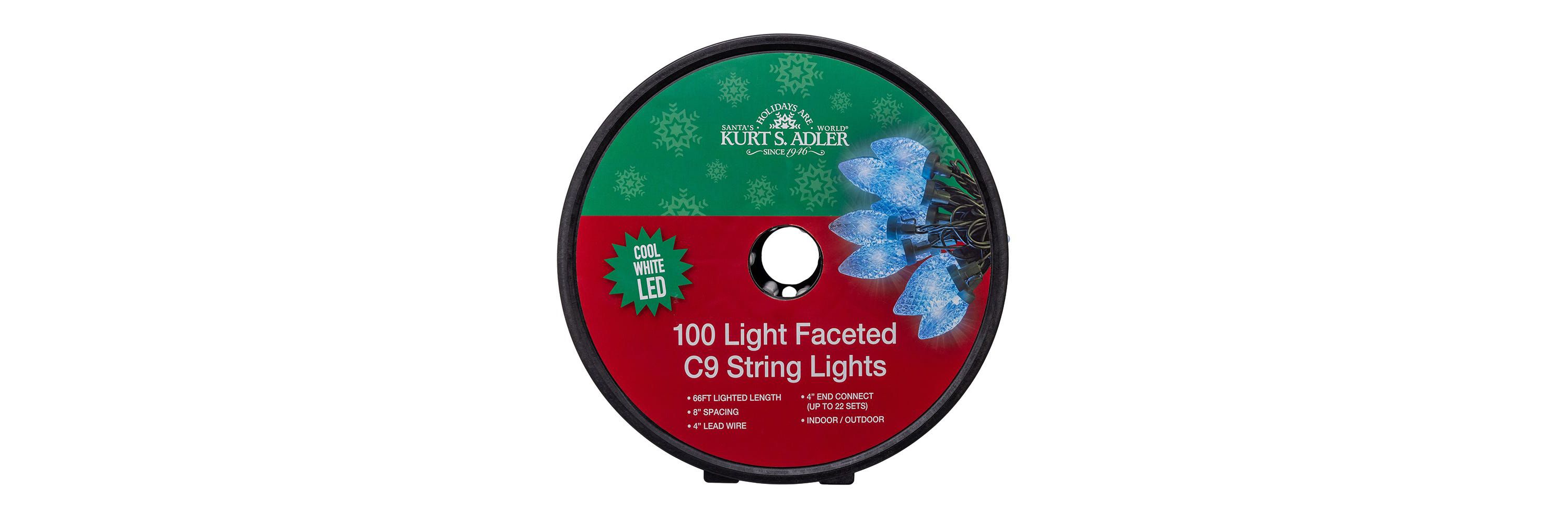 Kurt Adler 50-Foot UL 100-Light Cool White LED Faceted C9 Green Wire String Lights