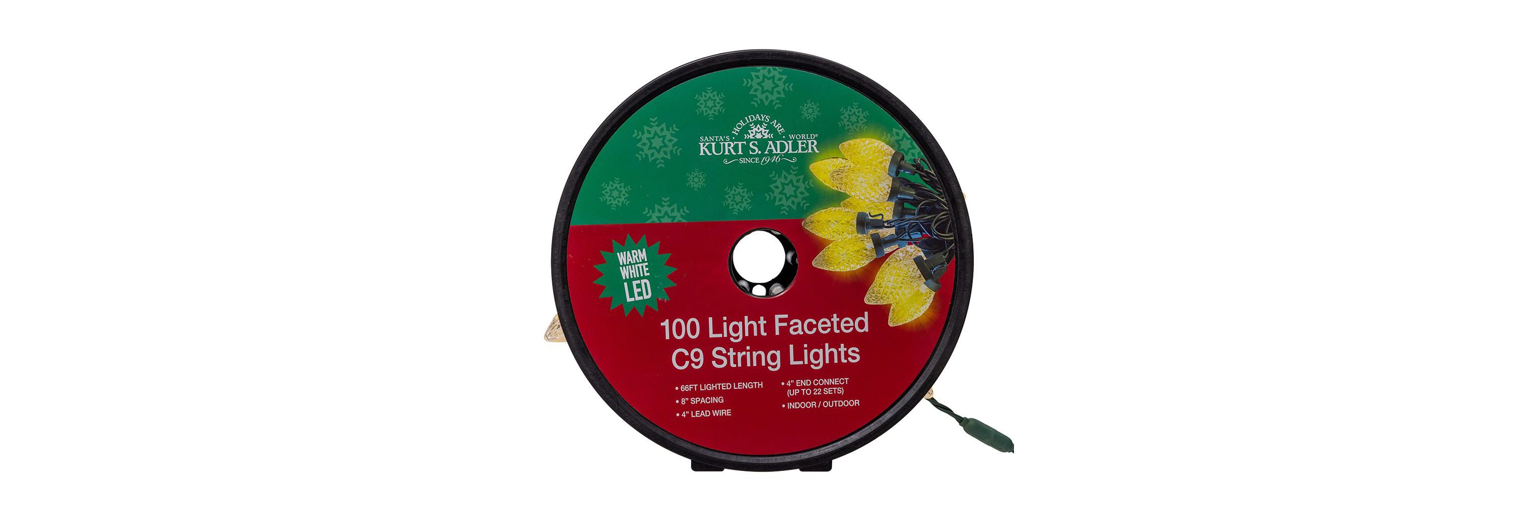 Kurt Adler 66-Foot UL 100-Light Warm White LED Faceted C9 Green Wire String Lights