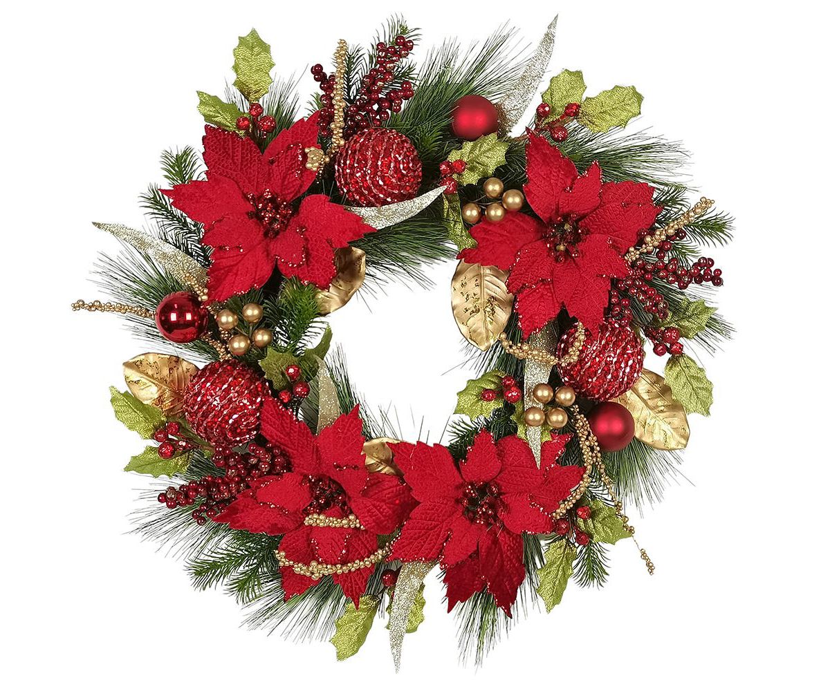 Kurt Adler 24-Inch Unlit Gold and Red Poinsettia Wreath