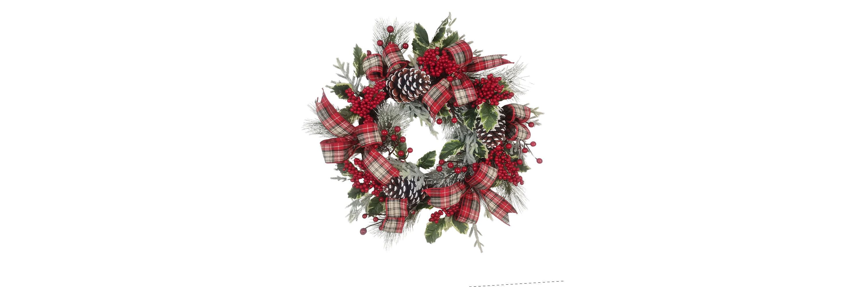 24-Inch Flocked Decorated Unlit Rattan Wreath with Plaid Bow and Holly Berry